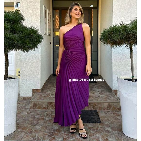 MANGO Blogger Fave Cut Out Pleated Midi Dress NWT — Purple - Picture 8 of 16